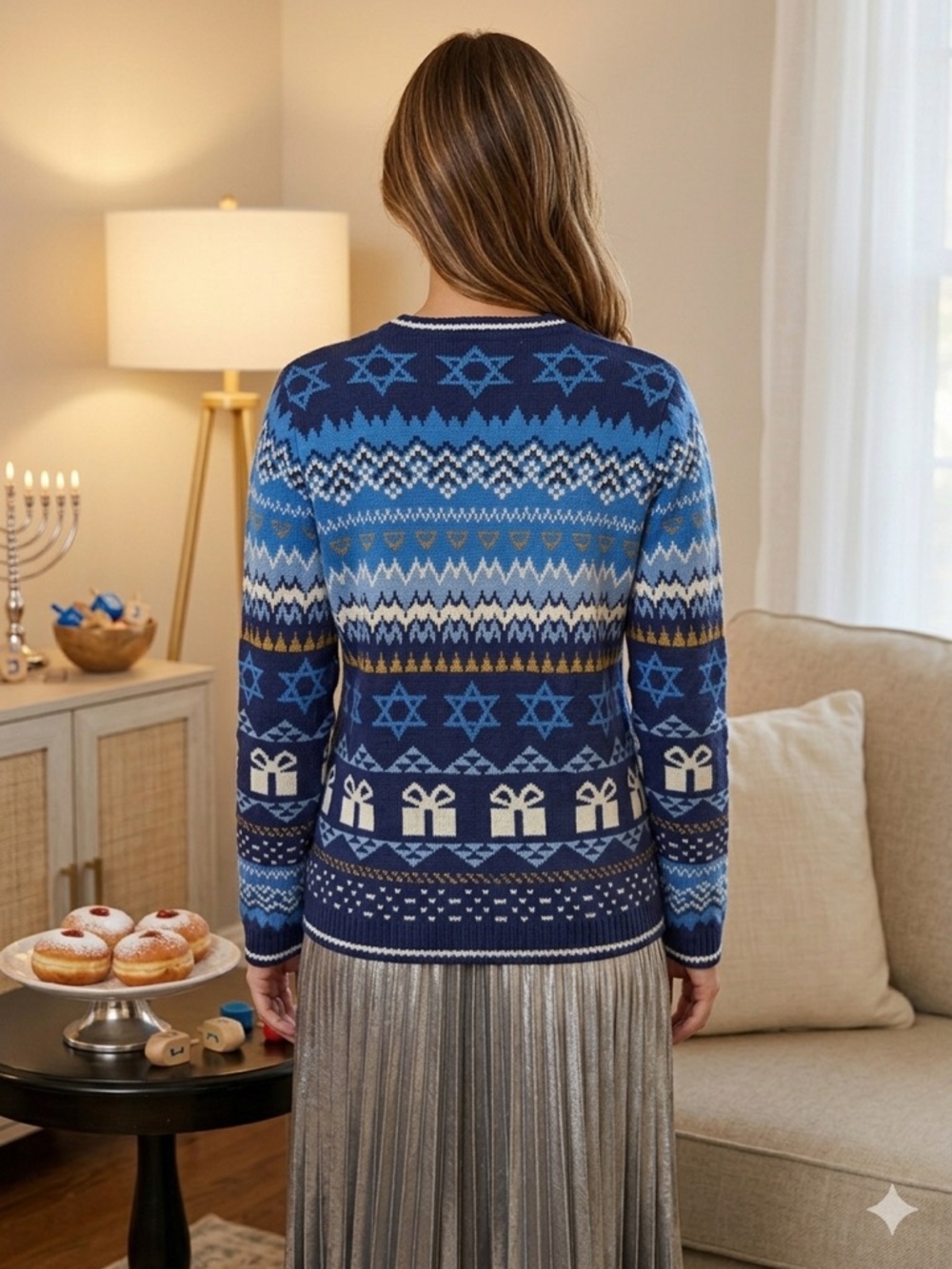 Hanukkah Cat Multimedia Sweater with Gift Design - Picture 3 of 13